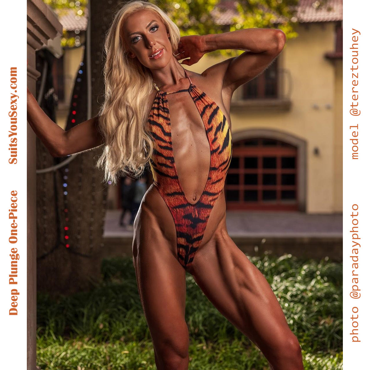 Tiger print one-piece swimsuit deep plunge — model wearing, full body shot - one-piece swimsuit