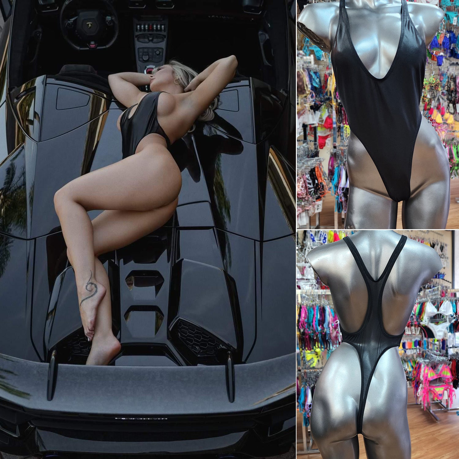 Mesh racerback one-piece swimsuit — front view sheer mesh detail, made in USA