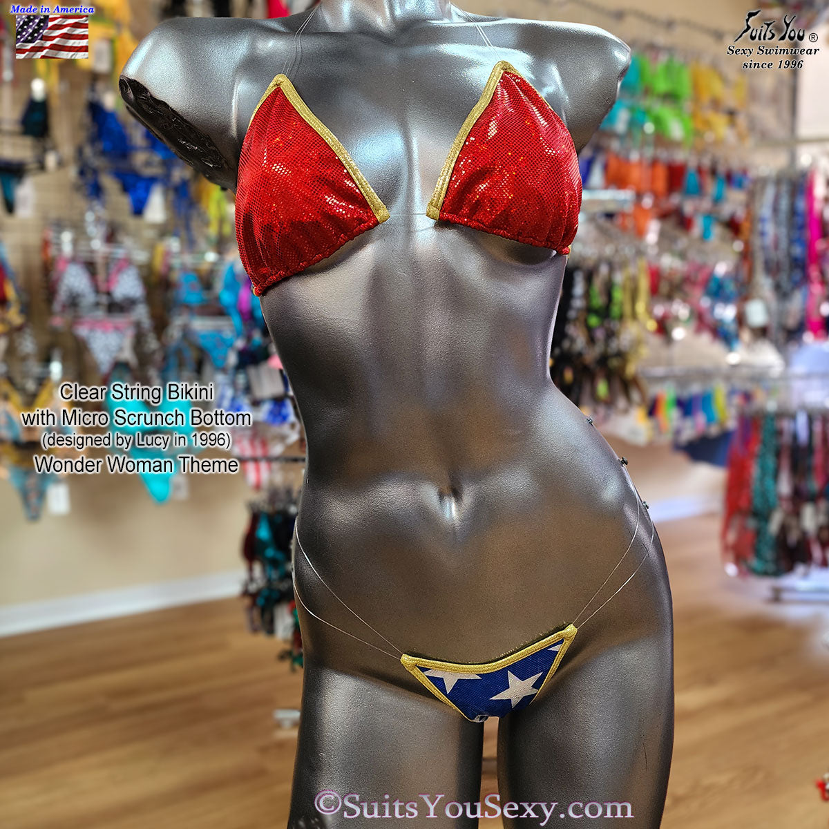 American Warrior patriotic bikini back view, clear string sides, micro scrunch bottom, manufactured in USA