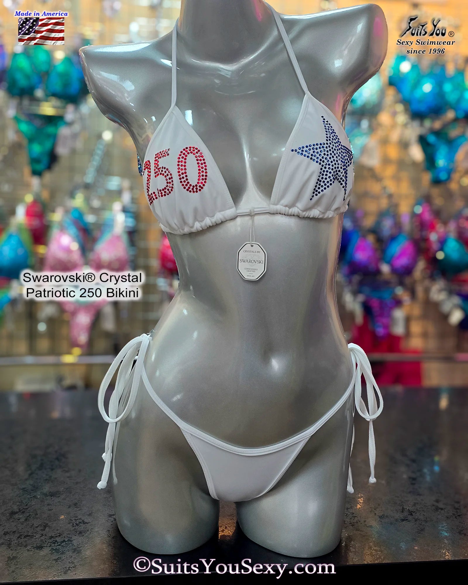 Swarovski® Crystal Patriotic Bikini, white with red and blue crystals.