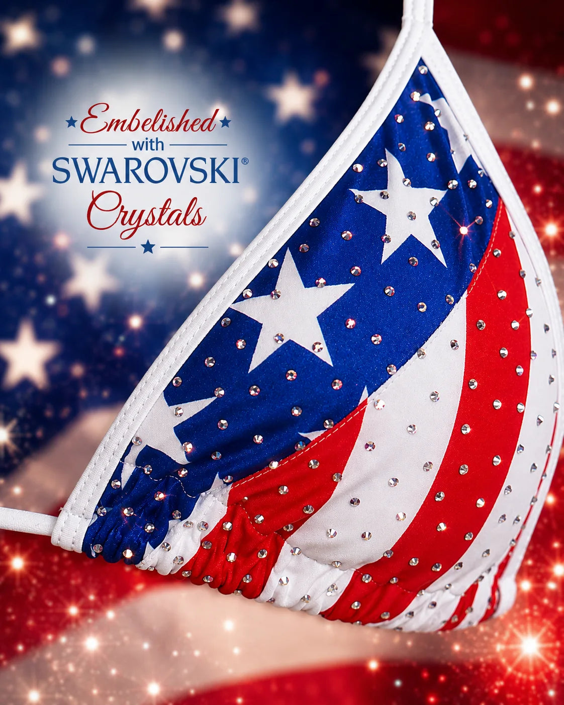 Stars and stripes crystal bikini back view — designed by Lucy, manufactured in Clearwater FL