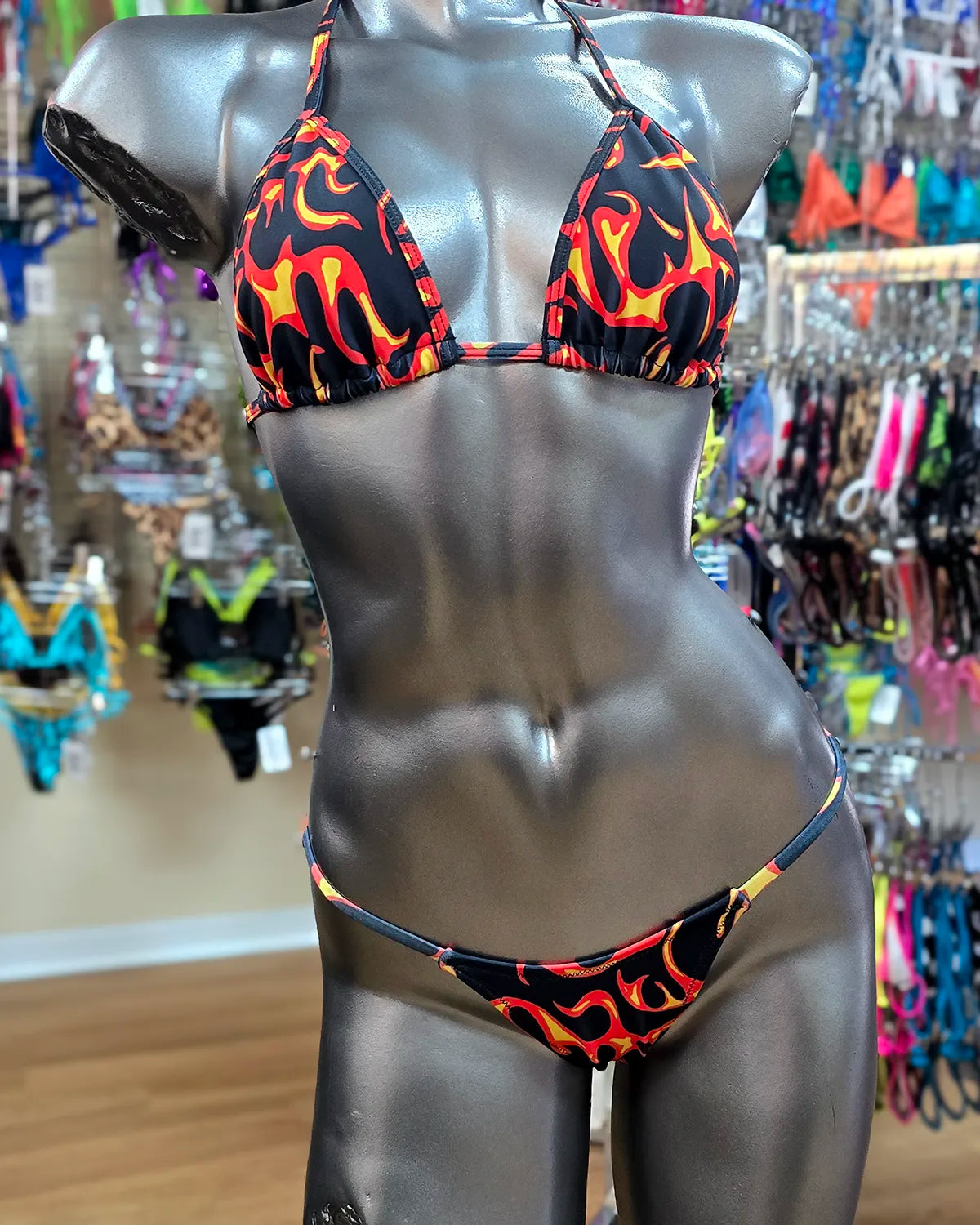Flame print fabric V-string bikini front view. American made swimwear SuitsYouSexy