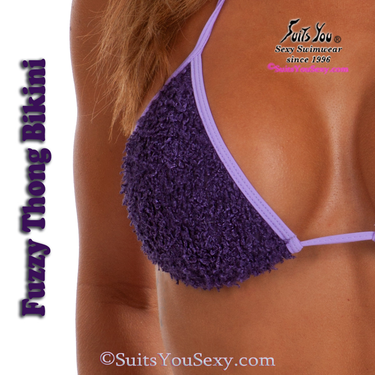 Fuzzy poodle fabric thong bikini in purple, back view detail, manufactured in USA