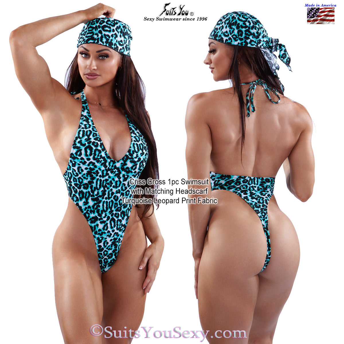 One-piece swimsuit with matching headscarf — back view, made in USA by Lucy