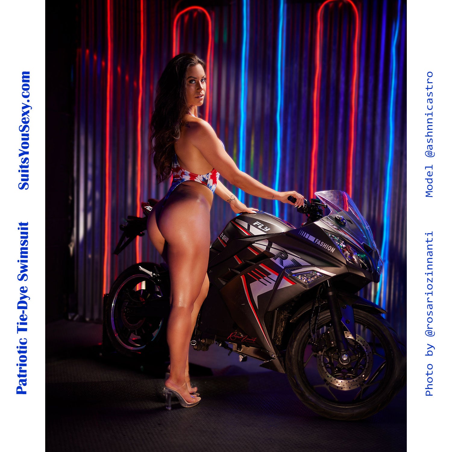 Patriotic racerback one-piece swimsuit — model wearing, full body shot, Suits You Sexy