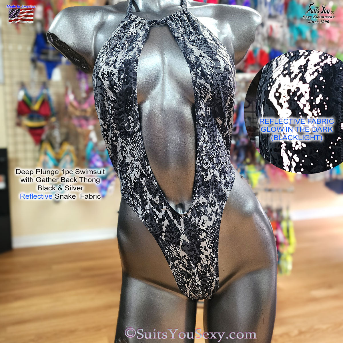 Reflective one-piece swimsuit deep plunge front — silver, back view, made in USA