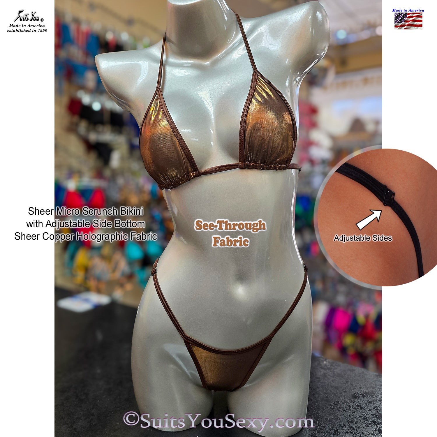 See-through mesh bikini side view, sheer micro scrunch style, made in Clearwater FL