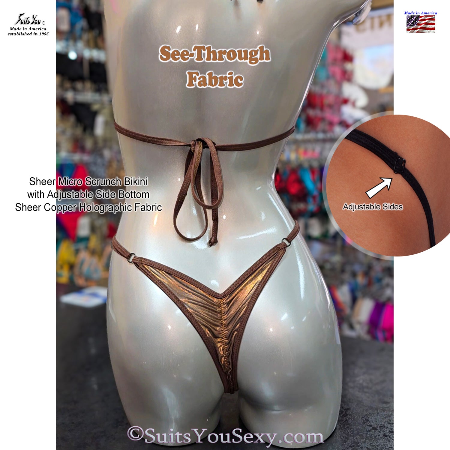 Sheer micro scrunch bikini, model side view, see-through mesh fabric, manufactured in USA