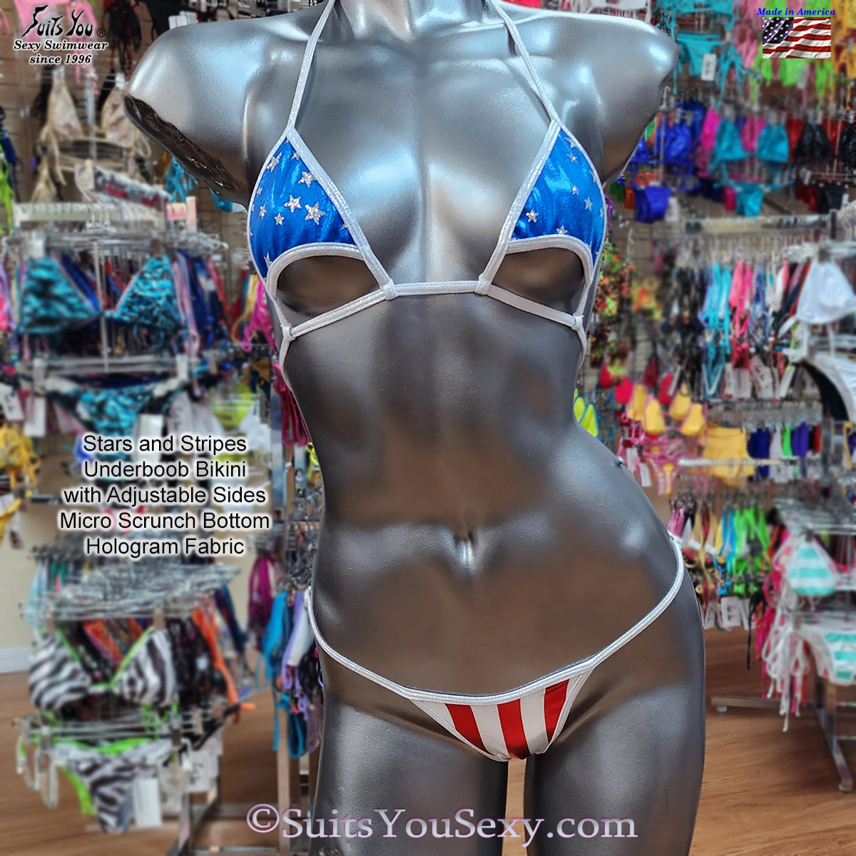 Patriotic underboob bikini back view showing tie neck detail, manufactured in USA since 1996