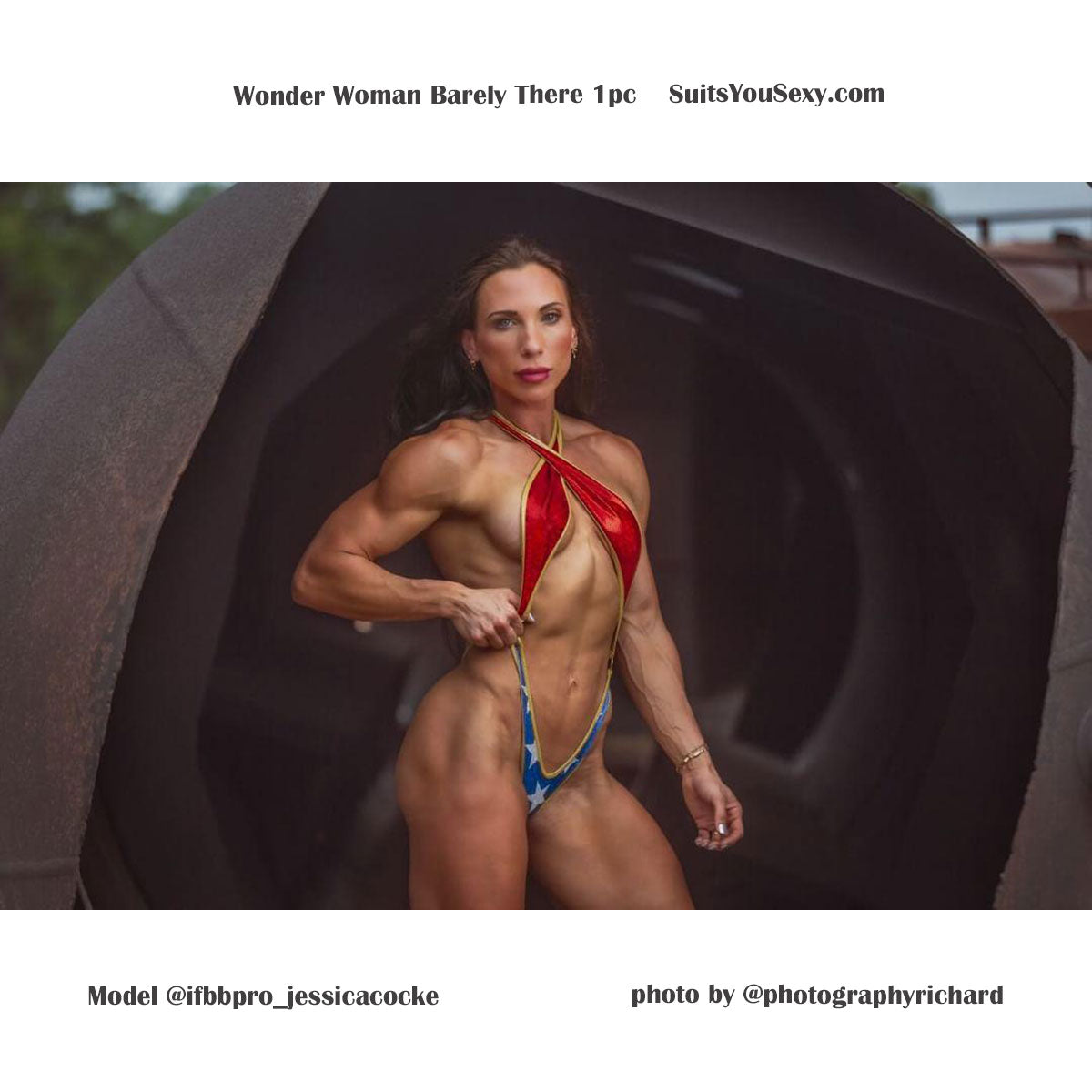 American Warrior criss cross one-piece on model — designed by Lucy, made in Clearwater FL