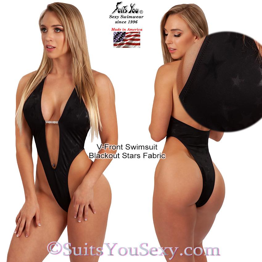 V-front one-piece half back coverage back view — designed by Lucy, made in Clearwater FL