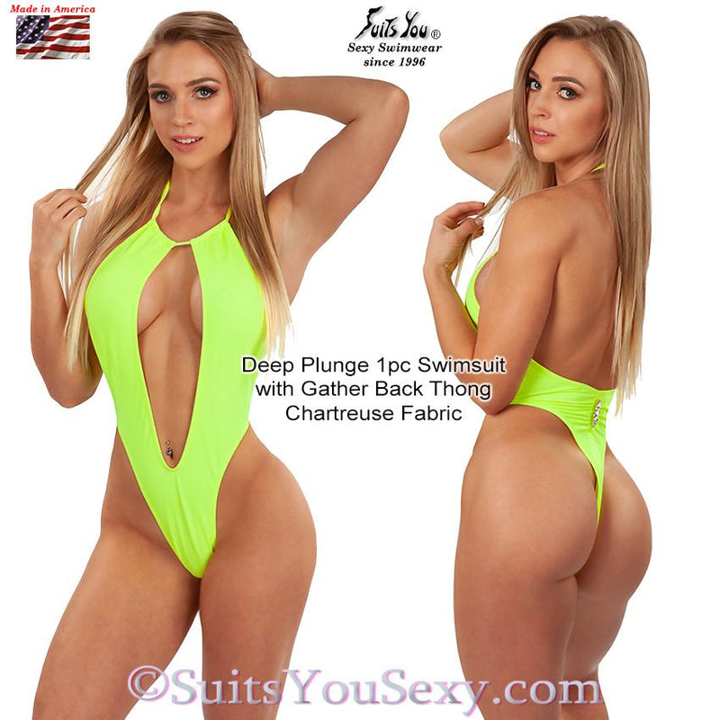 One Piece Swimsuit with Deep Plunge Front and Thong Back, chartreuse fabric
