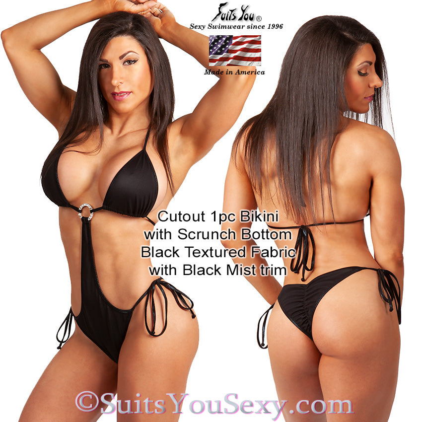 One-piece bikini cutout scrunch bottom — red, front view, made in USA by Lucy