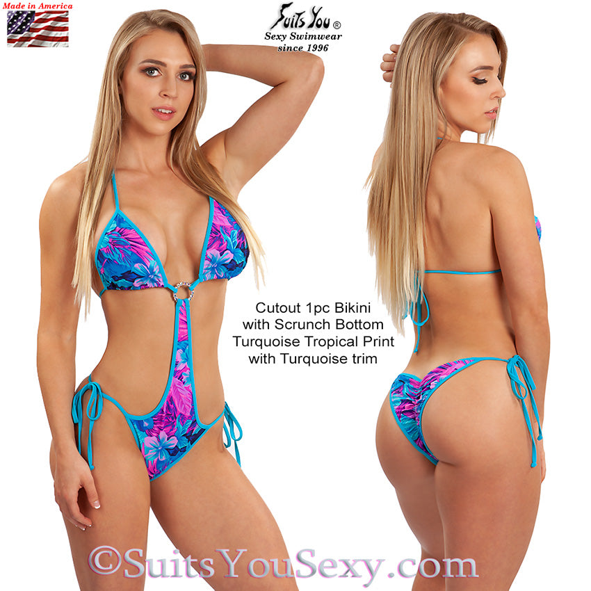 One-piece bikini cutout scrunch bottom — black, front view, manufactured in Clearwater FL