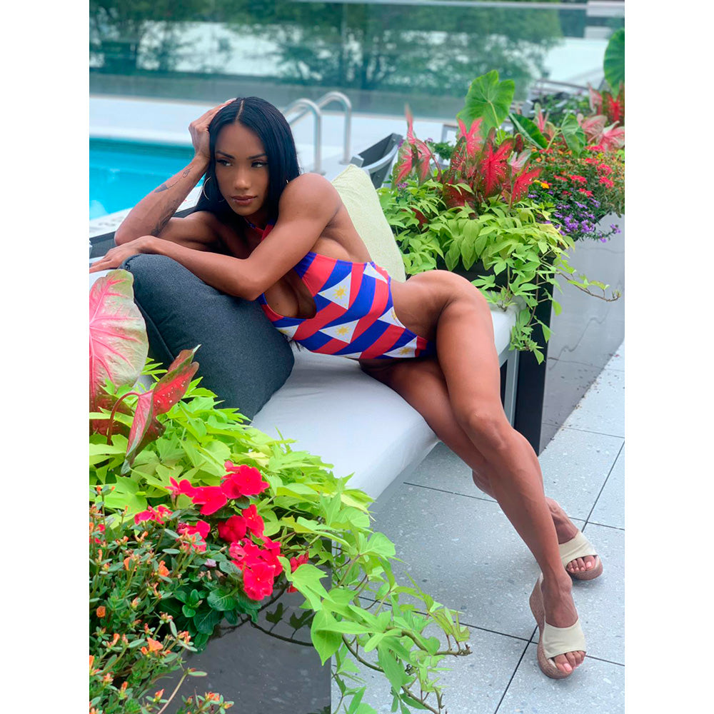 Custom Filipino print one-piece on model — manufactured in USA