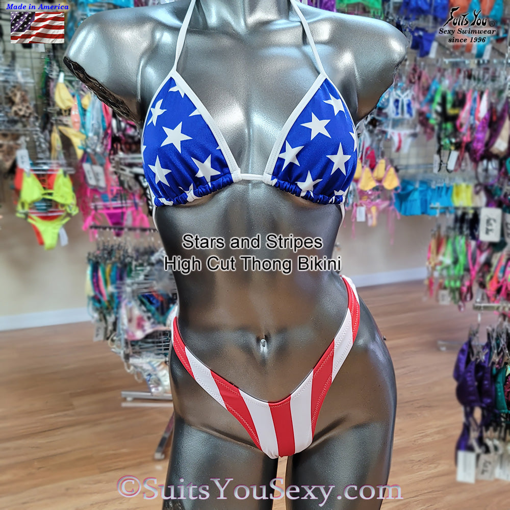 Stars and stripes thong bikini, model wearing retro high cut style, made in Clearwater FL
