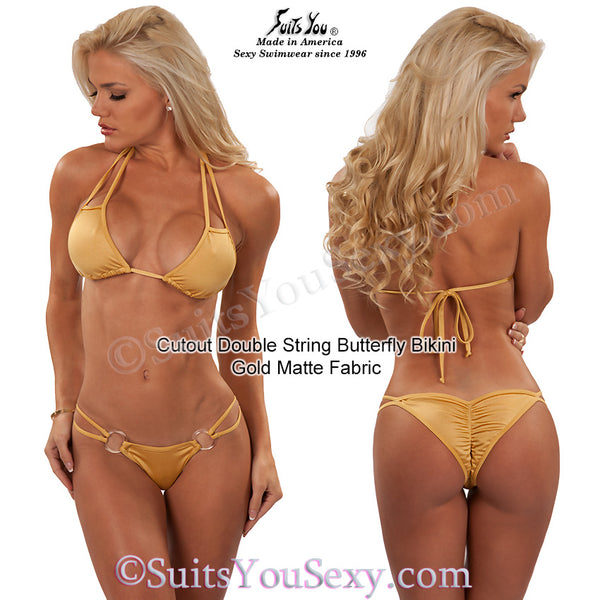 Cutout Double String Bikinis, gold lycra