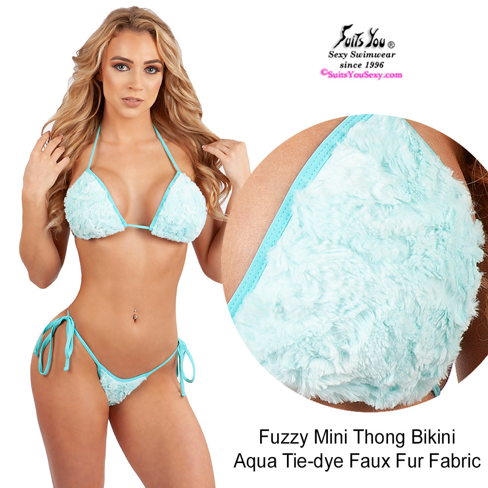 Fuzzy faux fur thong bikini in aqua tie-dye, front detail view, manufactured in USA