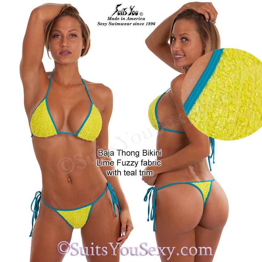 Fuzzy poodle fabric thong bikini, model Katlyn on beach, made in Clearwater FL since 1996
