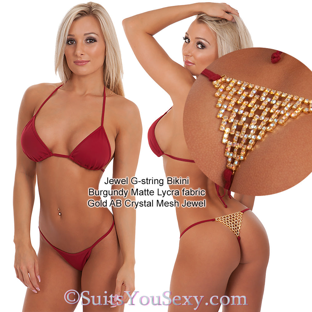 G-string bikini in burgundy with gold string detail, front view, manufactured in USA