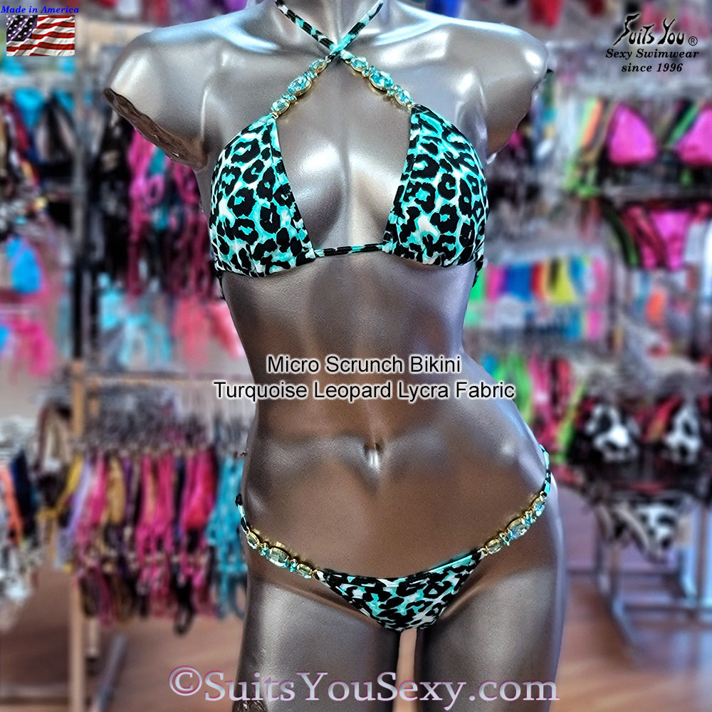Micro Scrunch Bikini, Turquoise Leopard Fabric — side view — made in USA