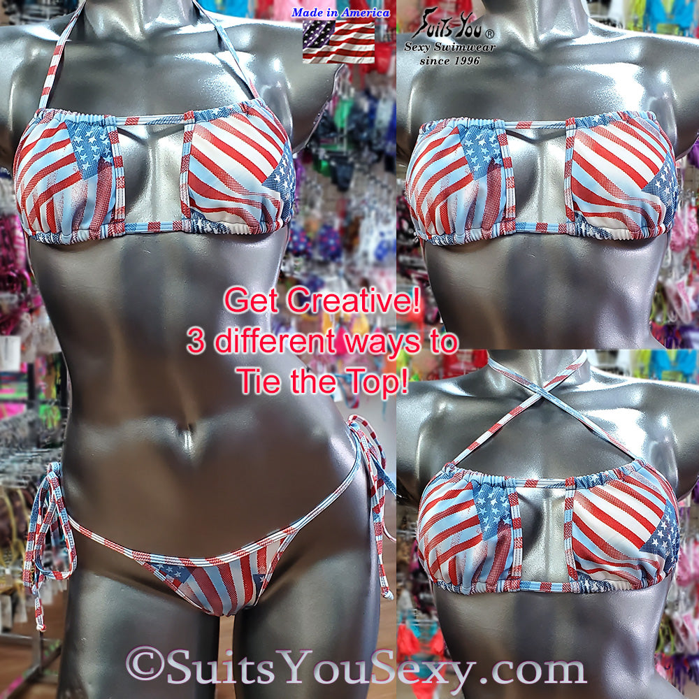 Patriotic double slide bikini top worn second way, model front view, made in Clearwater FL