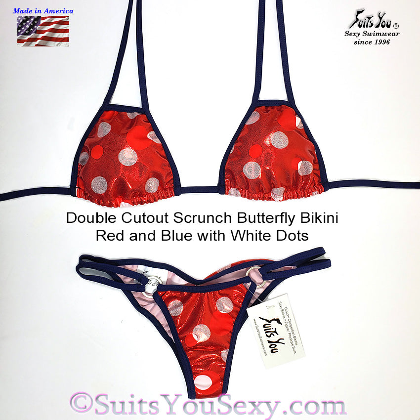 Patriotic polka dot bikini, red with white dots, cutout top, made in Clearwater FL since 1996