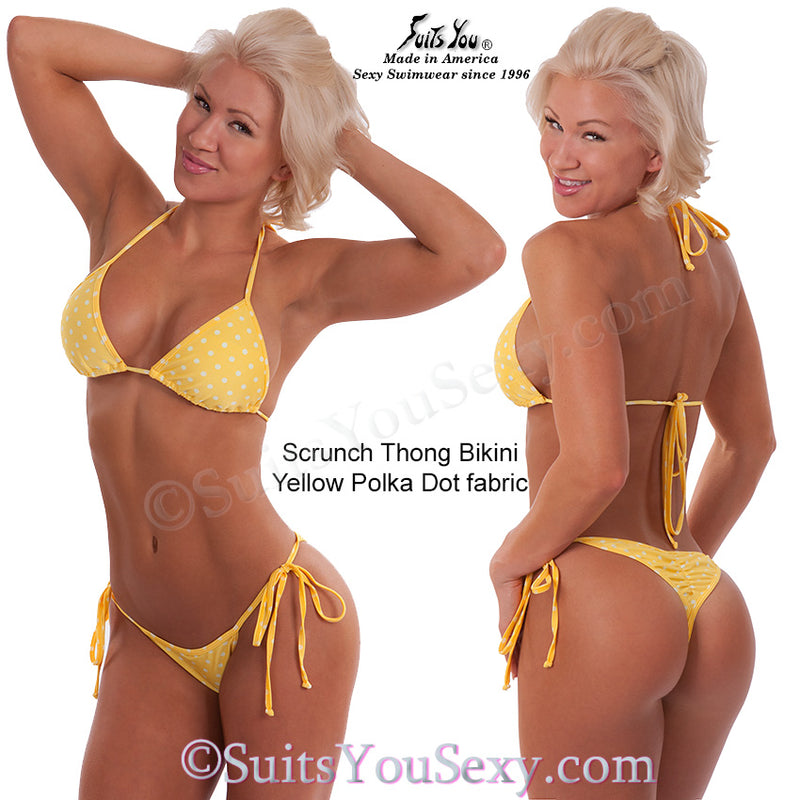 Sexy Thong Bikini with scrunch back, yellow polka dot