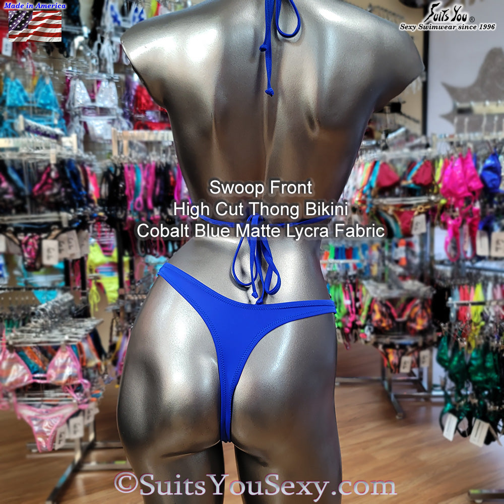 Swoop front high cut thong bikini, close-up of unique swoop neckline, made in Clearwater FL
