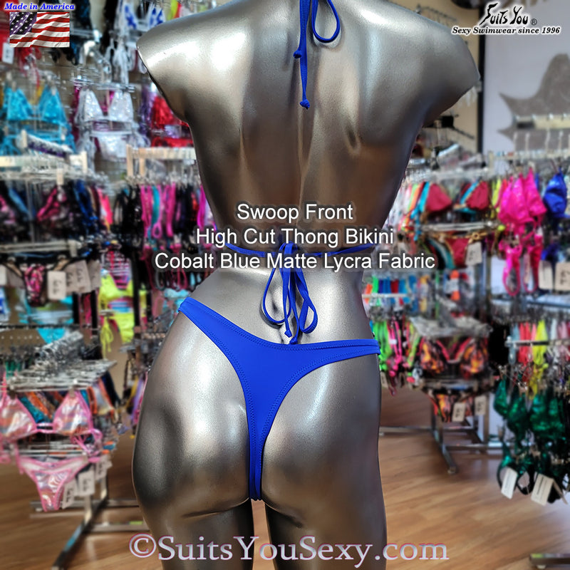 Swoop Front High Cut Thong Swimsuit, Cobalt Blue Fabric