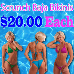 $20.00 Baja Swimsuits, Solid Lycra Fabrics with scrunch back