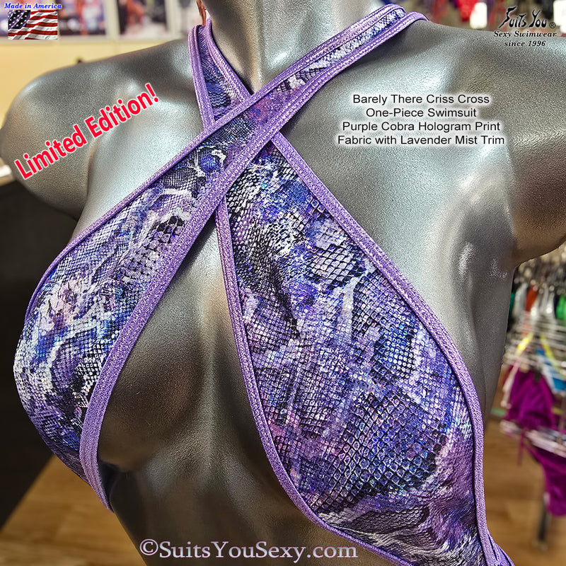 Purple cobra haliglumis print swimsuit on a mannequin with text indicating 'Barely There Cross Cross One-Piece Swimsuit' and 'Limited Edition'.