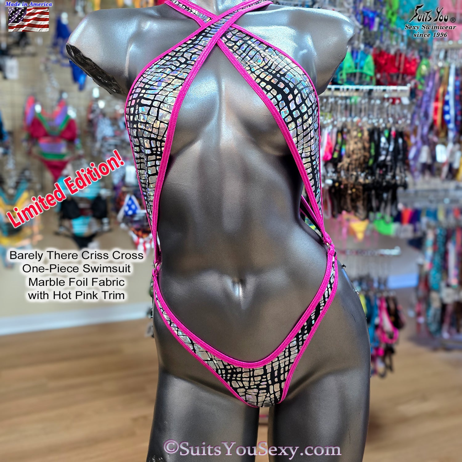 Limited Edition Berely There Criss Cross One-Piece Swimsuit. Marble Foil Fabric with hot pink trim.