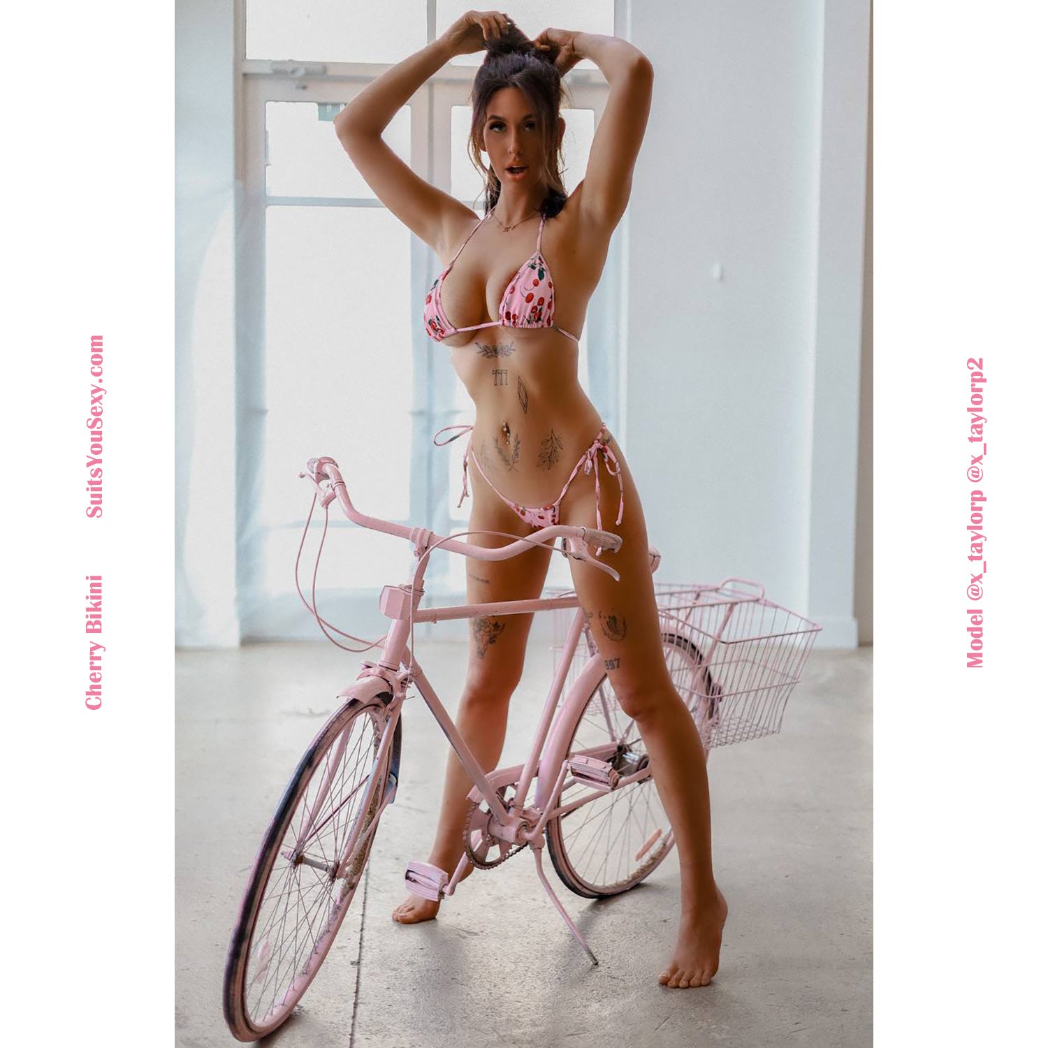 Scrunch back thong bikini in pink cherry print, model Taylor, made in Clearwater FL