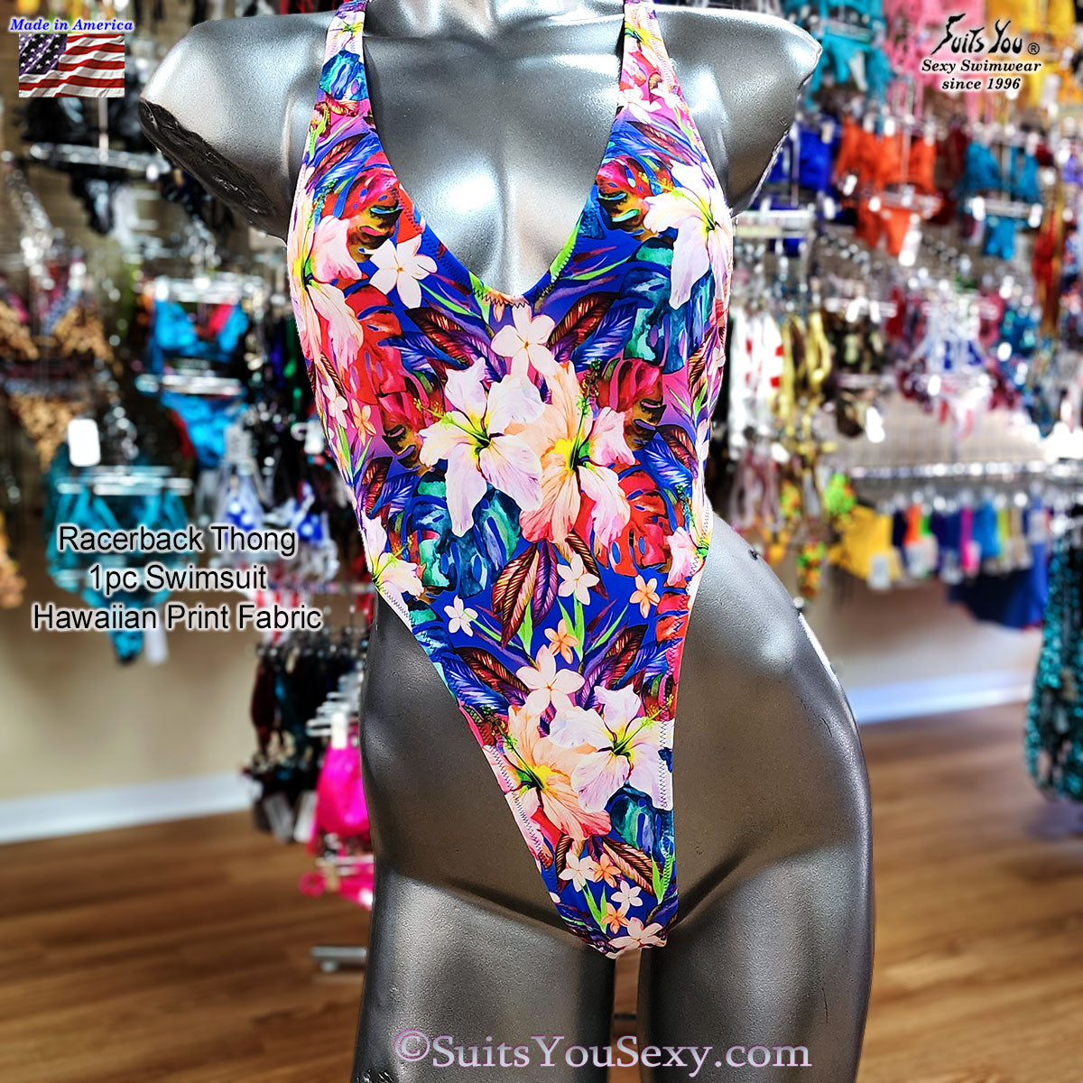 Racerback Thong One-Piece Swimsuit — Bold Print Fabrics, Manufactured in USA - Sexy One-Piece Swimsuit Manufactured in Clearwater, FL