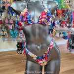 High cut thong bikini in Hawaiian print, front view detail, handmade in Clearwater FL