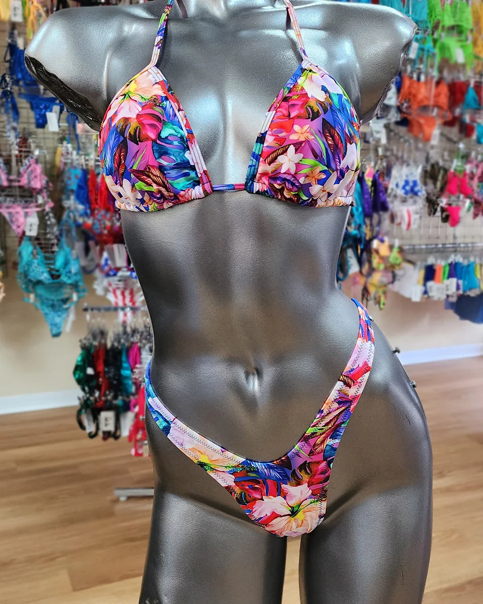 High cut thong bikini with triangle top, Hawaiian print, front view. Manufactured in Clearwater Florida