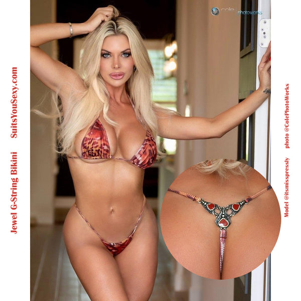Jewel G-String Bikini, Red Leopard Fabric.
