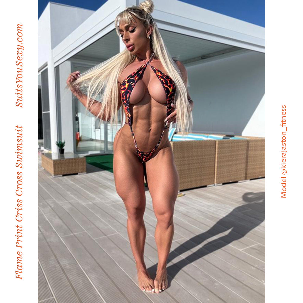 Criss-cross one-piece, model full body front view, USA-made extreme print swimwear