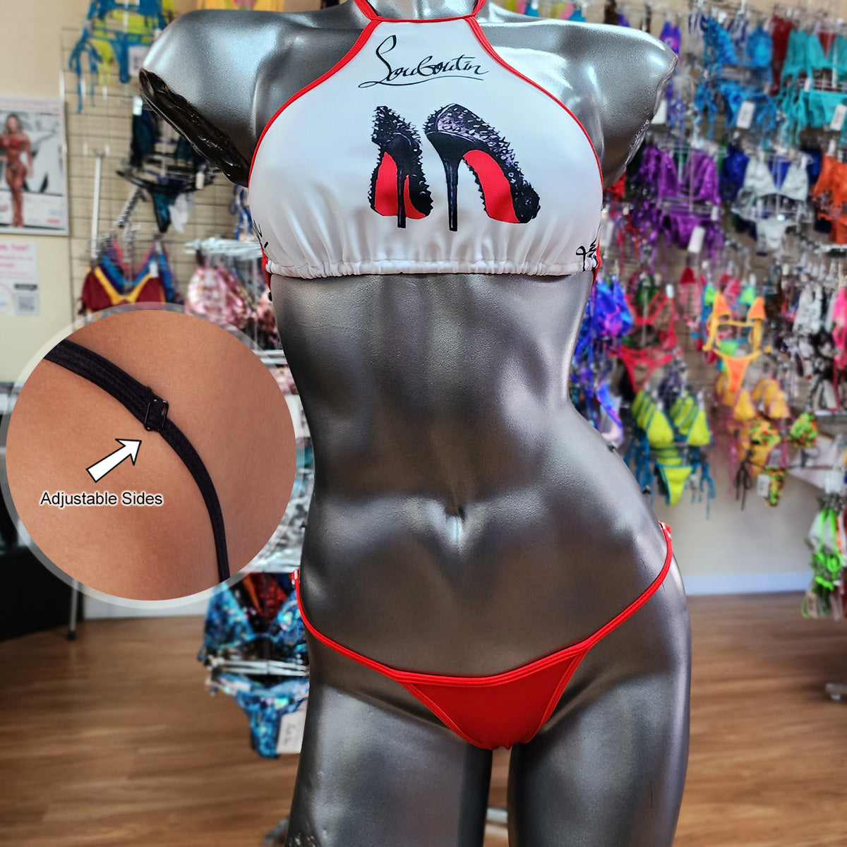 Halter Top Bikini with two bottom options — side view — made in USA