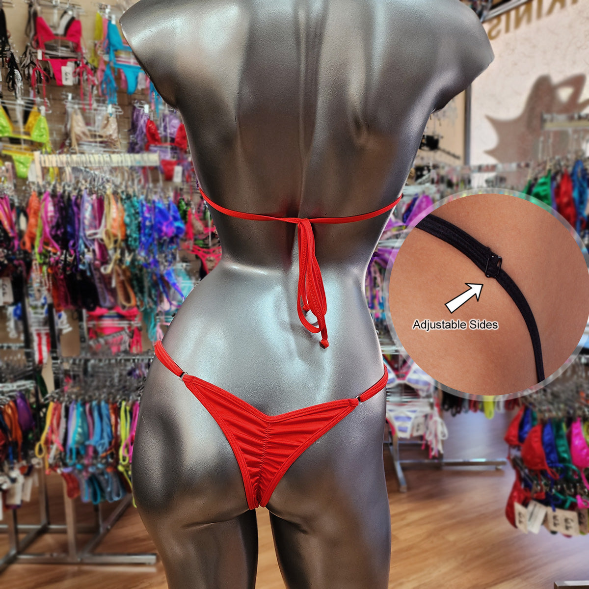 Halter Top Bikini with two bottom options — detail view — made in USA