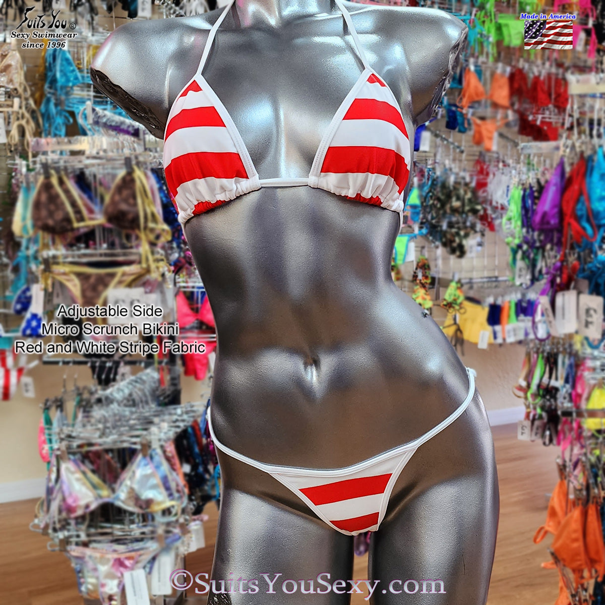 Adjustable micro scrunch bikini on model — designed by Lucy, American made