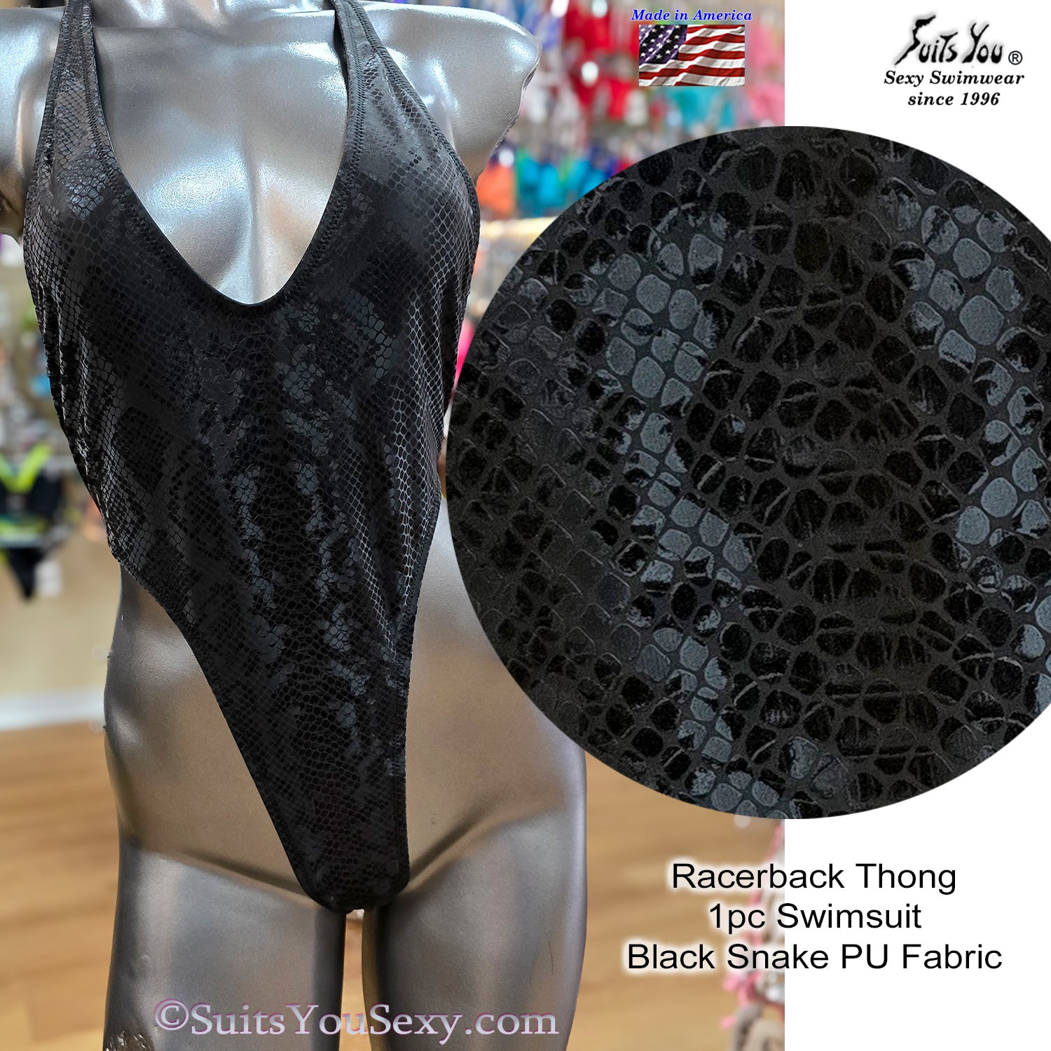 Black Snake Print One-Piece Swimsuit — Racerback Thong, Handmade in USA