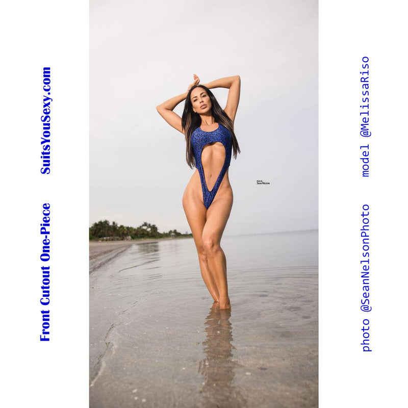 Blue Leopard One-Piece Swimsuit, Model Melissa Riso