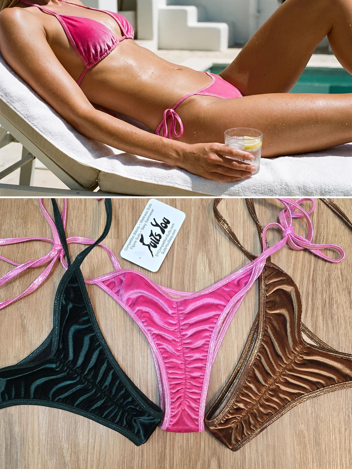 Cheeky Velvet Bikinis, luxury velvet fabrics. Manufactured in Clearwater, Florida.
