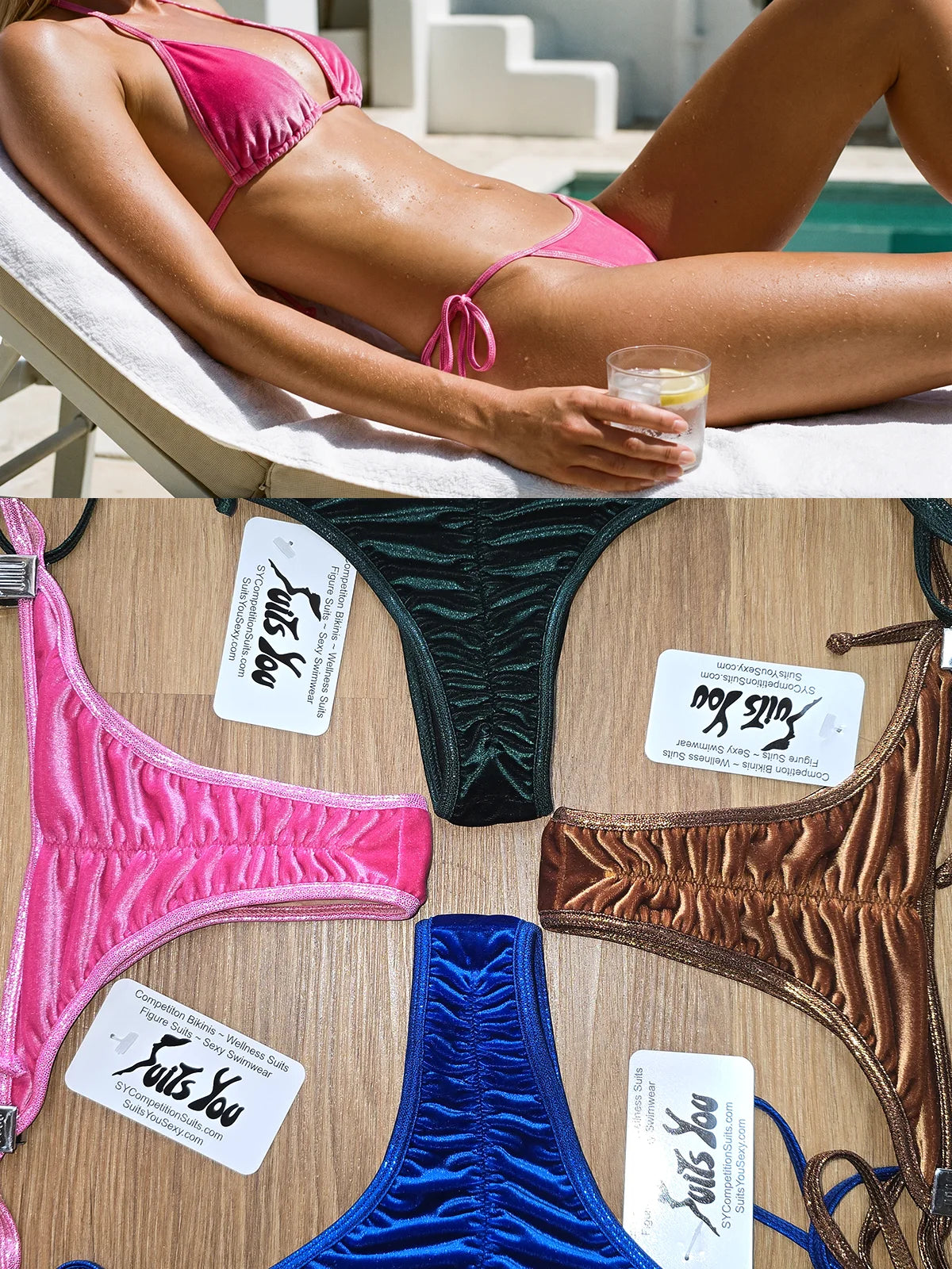 Cheeky Velvet Bikinis, luxury velvet fabrics. Manufactured in Clearwater, Florida.