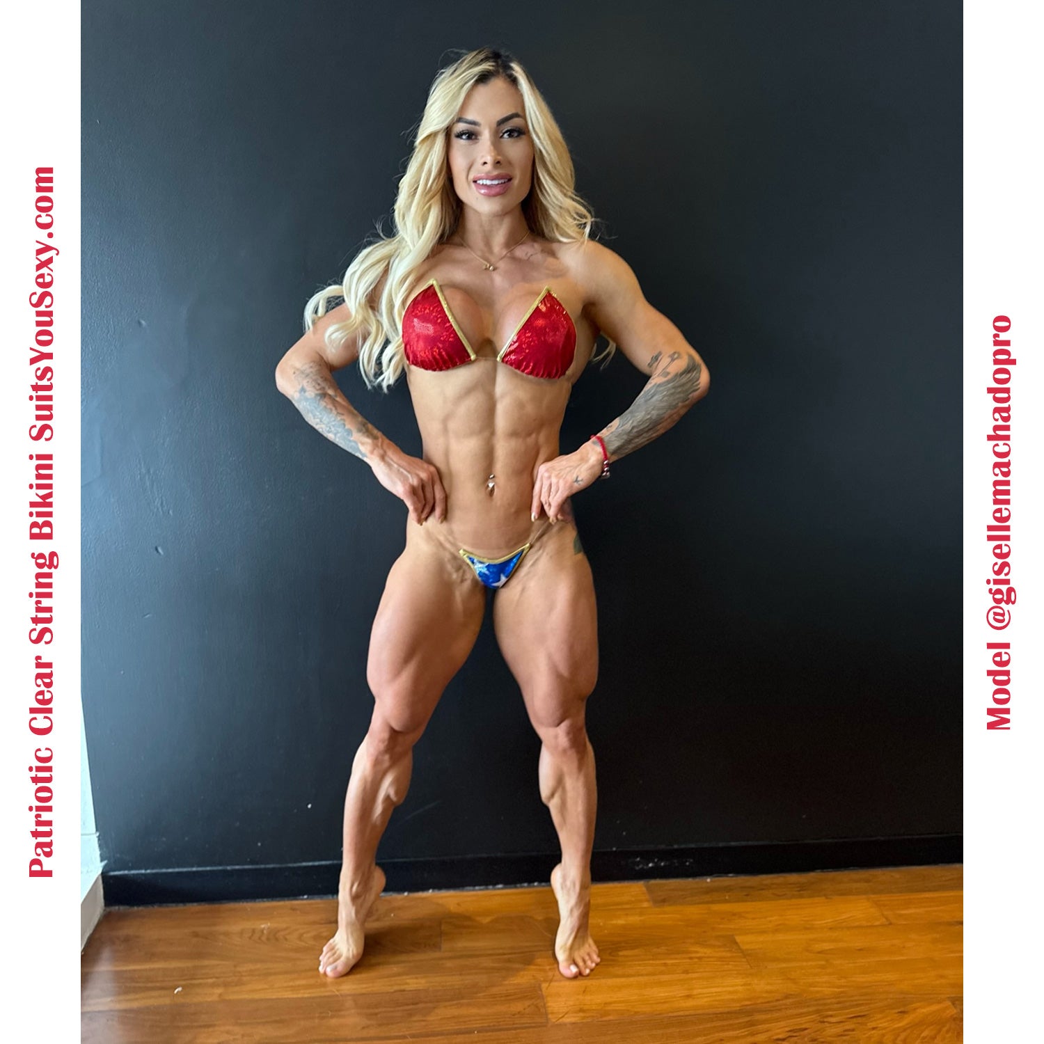 American Warrior patriotic bikini with clear strings and micro scrunch bottom, front view, manufactured in USA