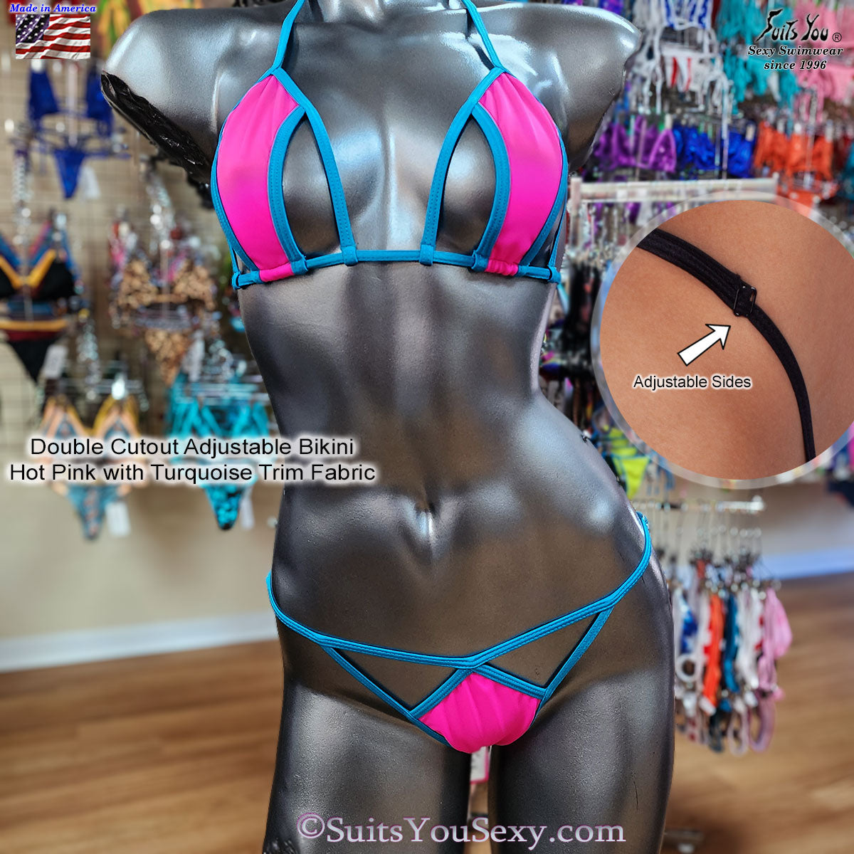 Double Cutout Bikini with Adjustable Bottom, 2-tone — front view — made in USA