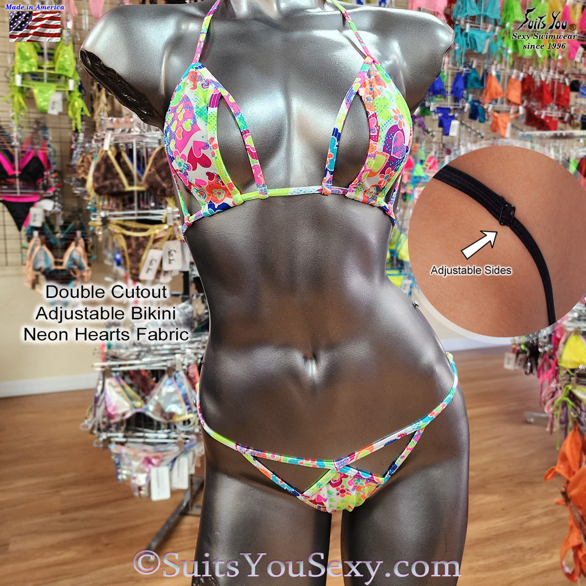 Cutout Bikini, Neon Hearts Fabric