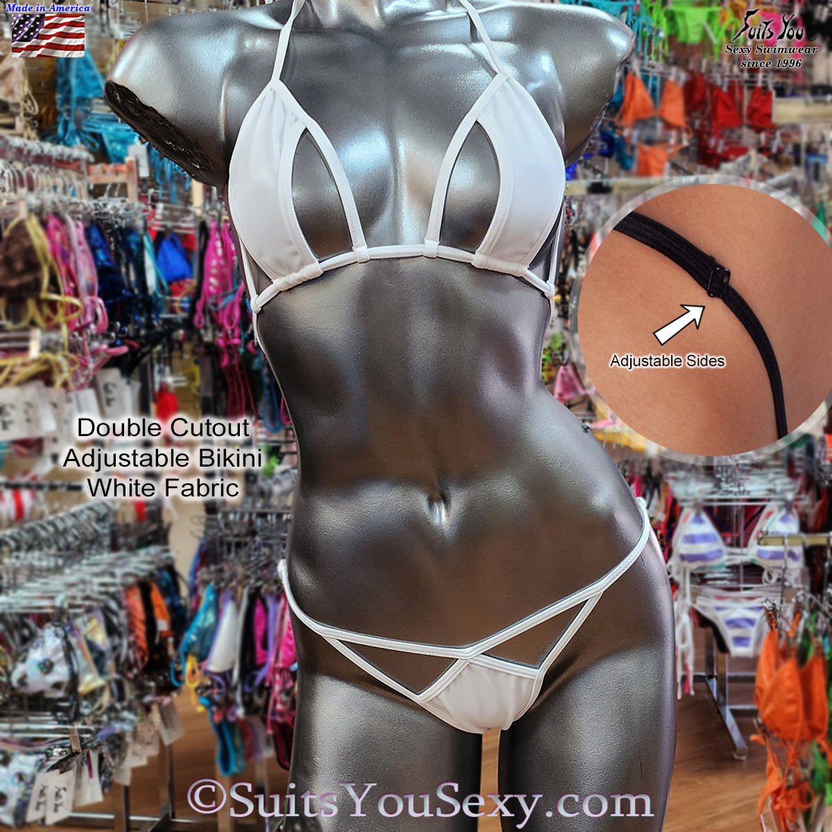 Double cutout bikini adjustable on model — designed by Lucy, American made